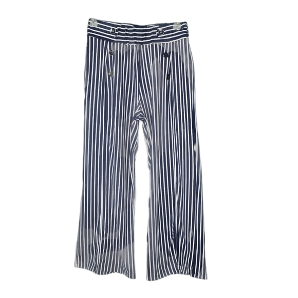 Robert Louis Pants - Robert Louis Wide Leg Cropped Navy Blue & White Striped Pants Womens Size Small